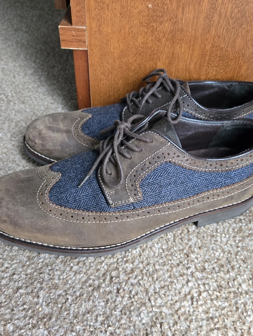 G.H. Bass & Co. Brown Suede and Blue Herringbone Wingtip Oxfords